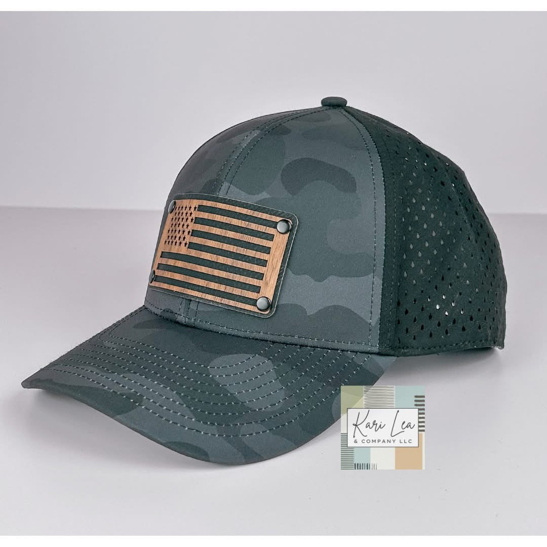 Wood & Leather American Flag Patch Hat - Performance Hat