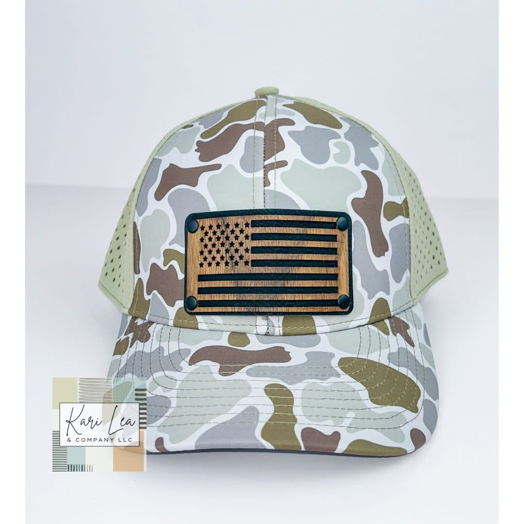 Wood & Leather American Flag Patch Hat - Performance Hat