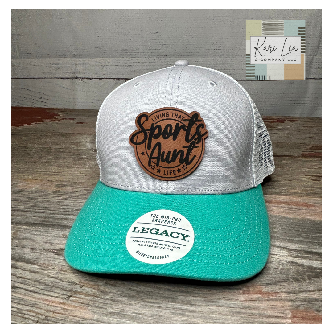 Living That Sports Aunt Life - Leather Patch Hat - Ladies Ponytail or Trucker Hat