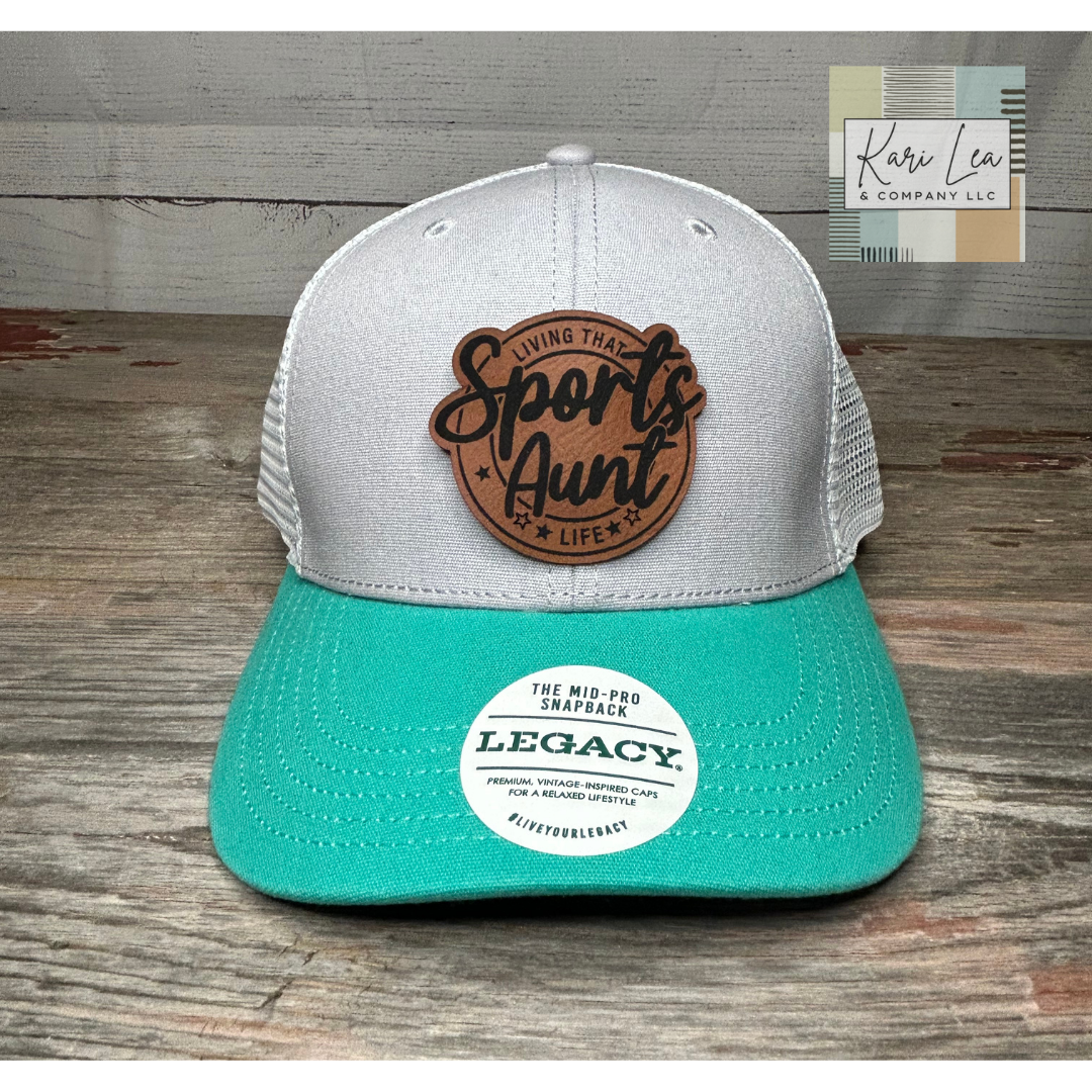 Living That Sports Aunt Life - Leather Patch Hat - Ladies Ponytail or Trucker Hat