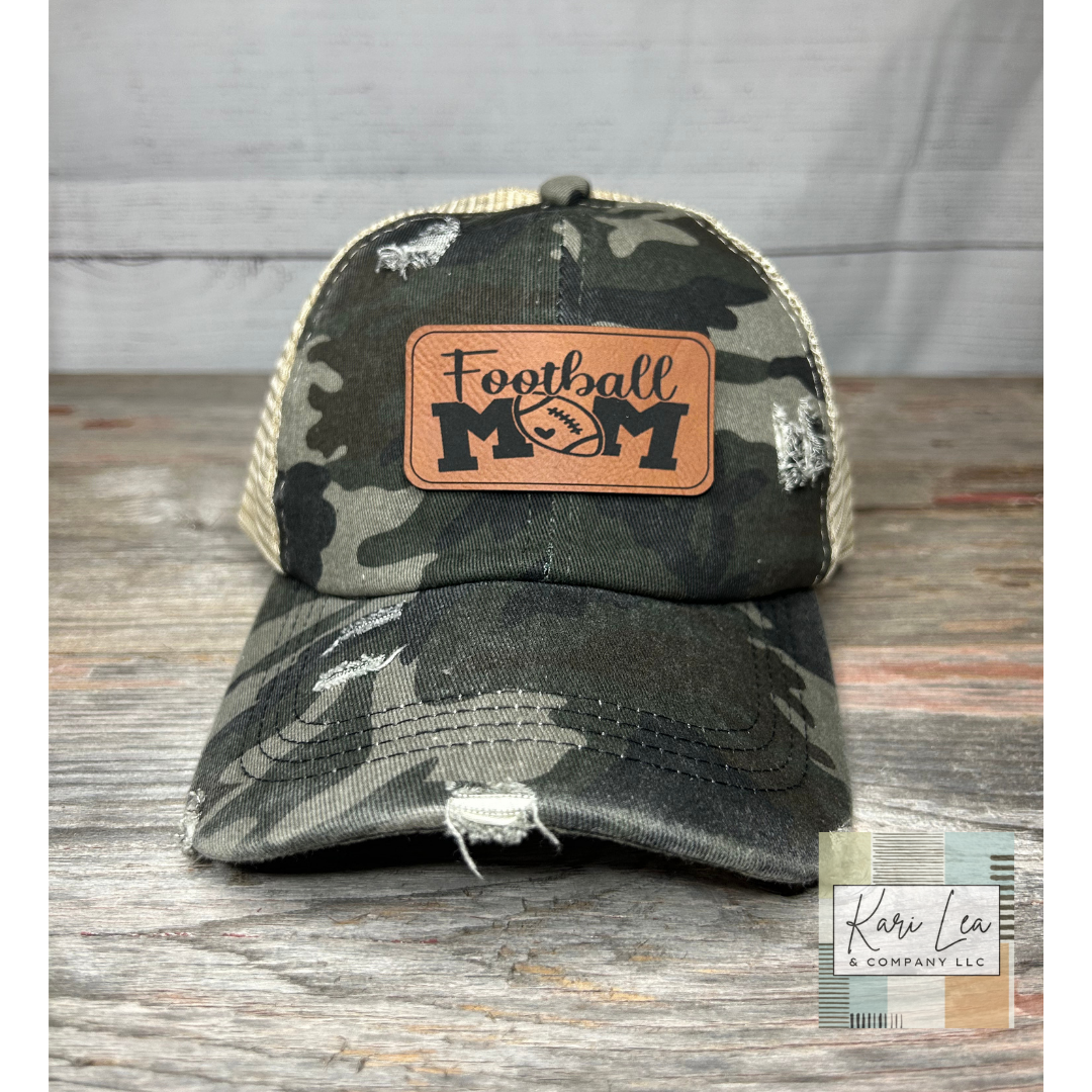 Football Mom - Leather Patch Hat - Ladies Ponytail or Trucker Hat