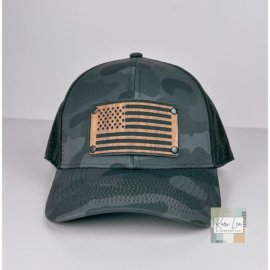 Wood & Leather American Flag Patch Hat - Performance Hat