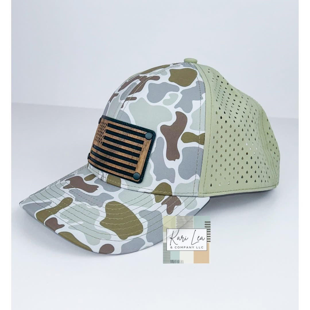 Wood & Leather American Flag Patch Hat - Performance Hat