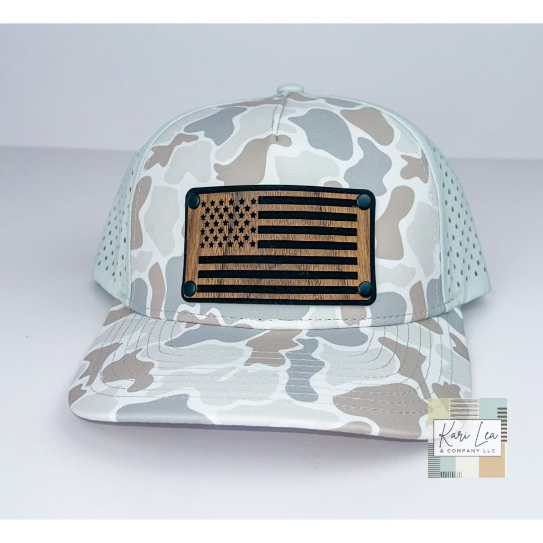 Wood & Leather American Flag Patch Hat - Performance Hat
