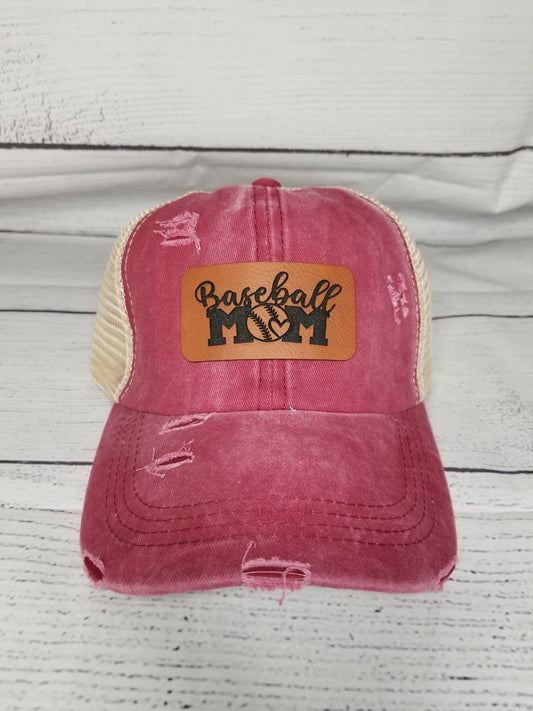 Baseball Mom - Leather Patch Hat - Ladies Ponytail or Trucker Hat