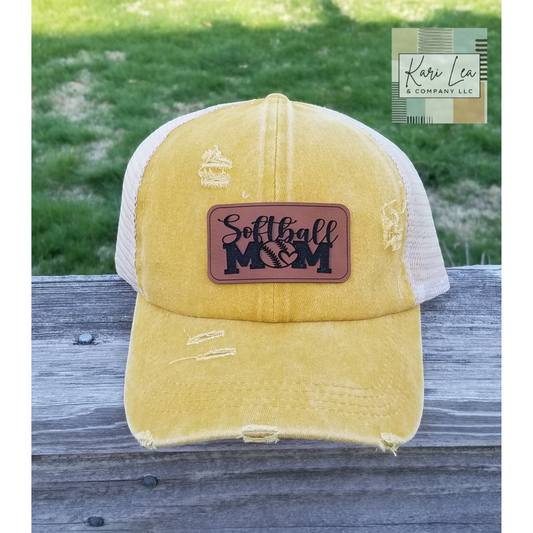 Softball Mom - Leather Patch Hat - Ladies Ponytail or Trucker Hat